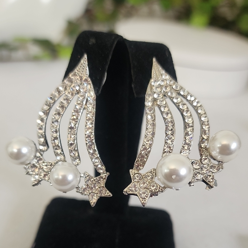 Vintage Silver with Stars and Pearls Earrings